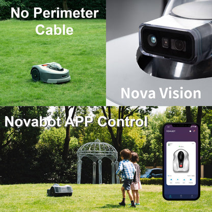 NOVABOT N2000 Robot Lawn Mower Perimeter Wire Free RTK+TOF+Vision Robotic Lawn Mower for 1.50 Acres Cut Height 0.8"-3.5" Adjustable APP Control AI-Assisted Mapping Virtual Boundaries Multi-Zone
